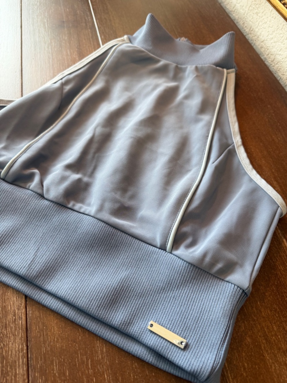Maniere De Voir High Neck Contrast Crop Top Textured Racer Steel Blue Blue 8